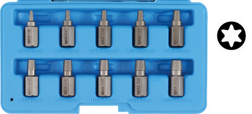 Coffret extracteur de vis tête 6 pans/BTR/Torx abimées - 8 à 16 mm - 5  pièces